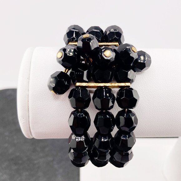 VINTAGE Black plastic beaded memory wire triple layer cuff bracelet 1950s 1960s - Picture 7 of 8